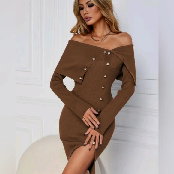 Brown Off Shoulder Long Sleeve Dress  NWOT - Picture 4 of 7